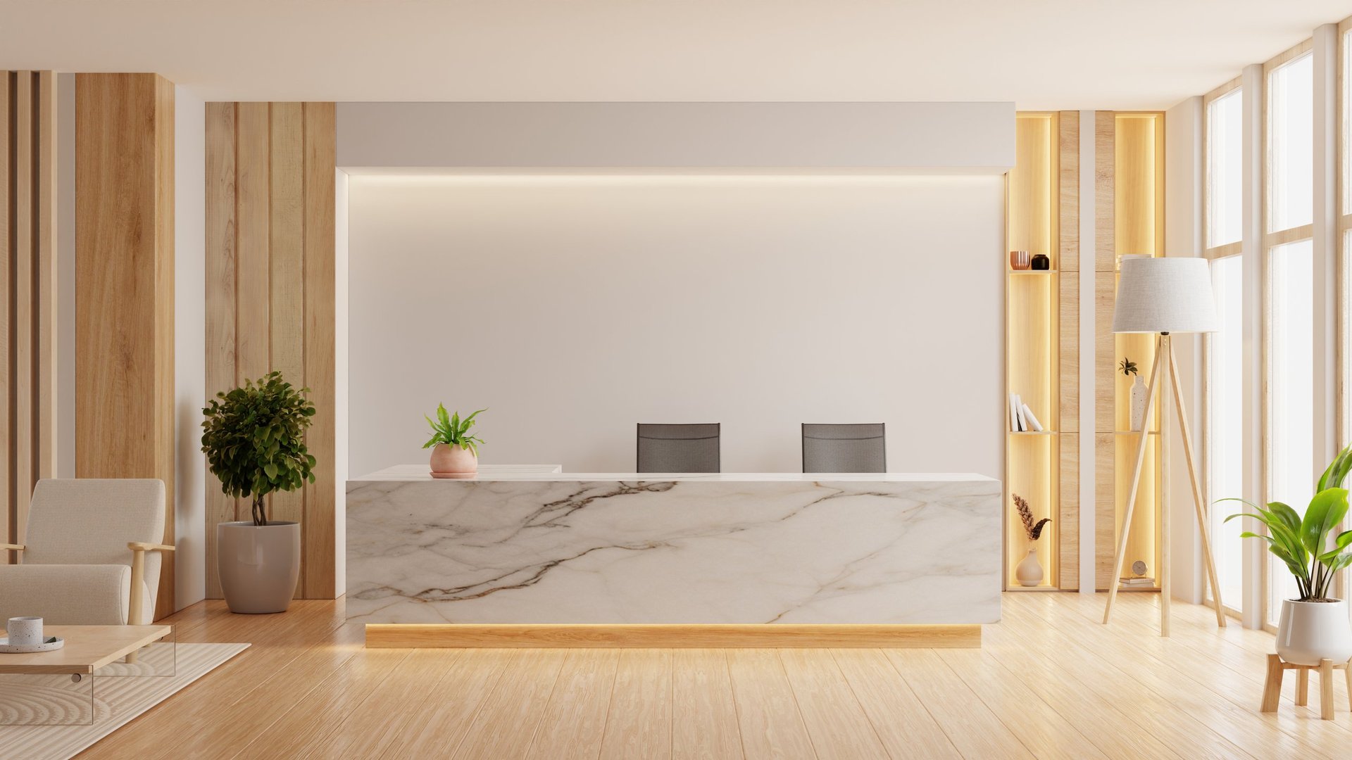 Modern minimalist reception area featuring a marble front desk, wooden slat wall accents, natural lighting