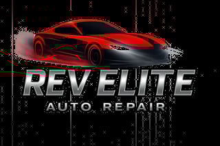 Rev Elite Auto Repair logo featuring a red sports car on a dark background with digital effects