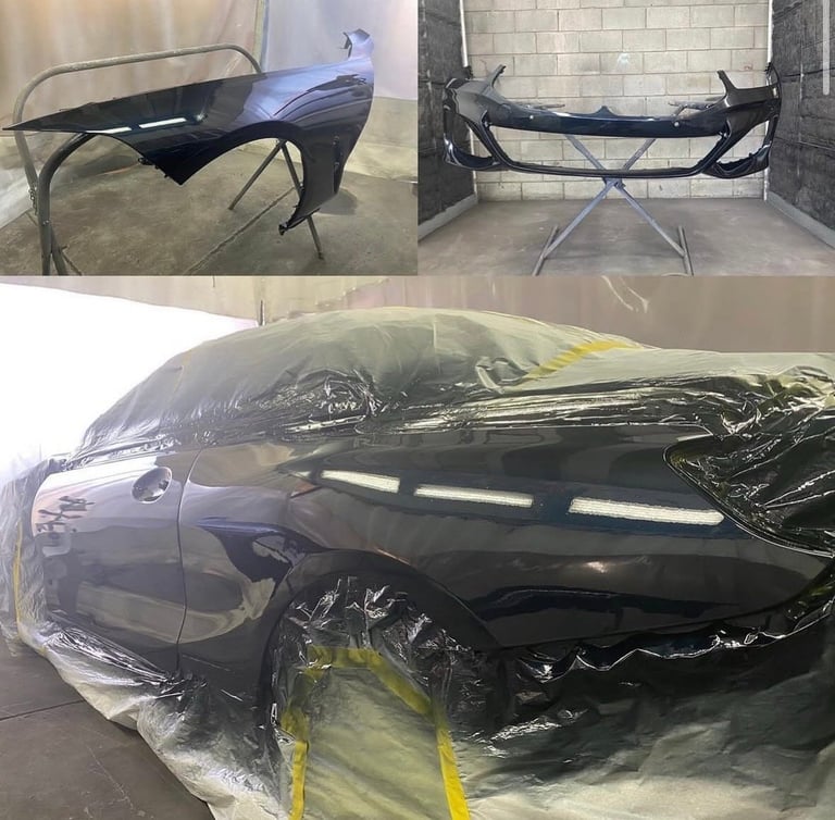 Collage showing car bumper restoration process: before and after views of damaged bumper on stands, and wrapped vehicle during repair work